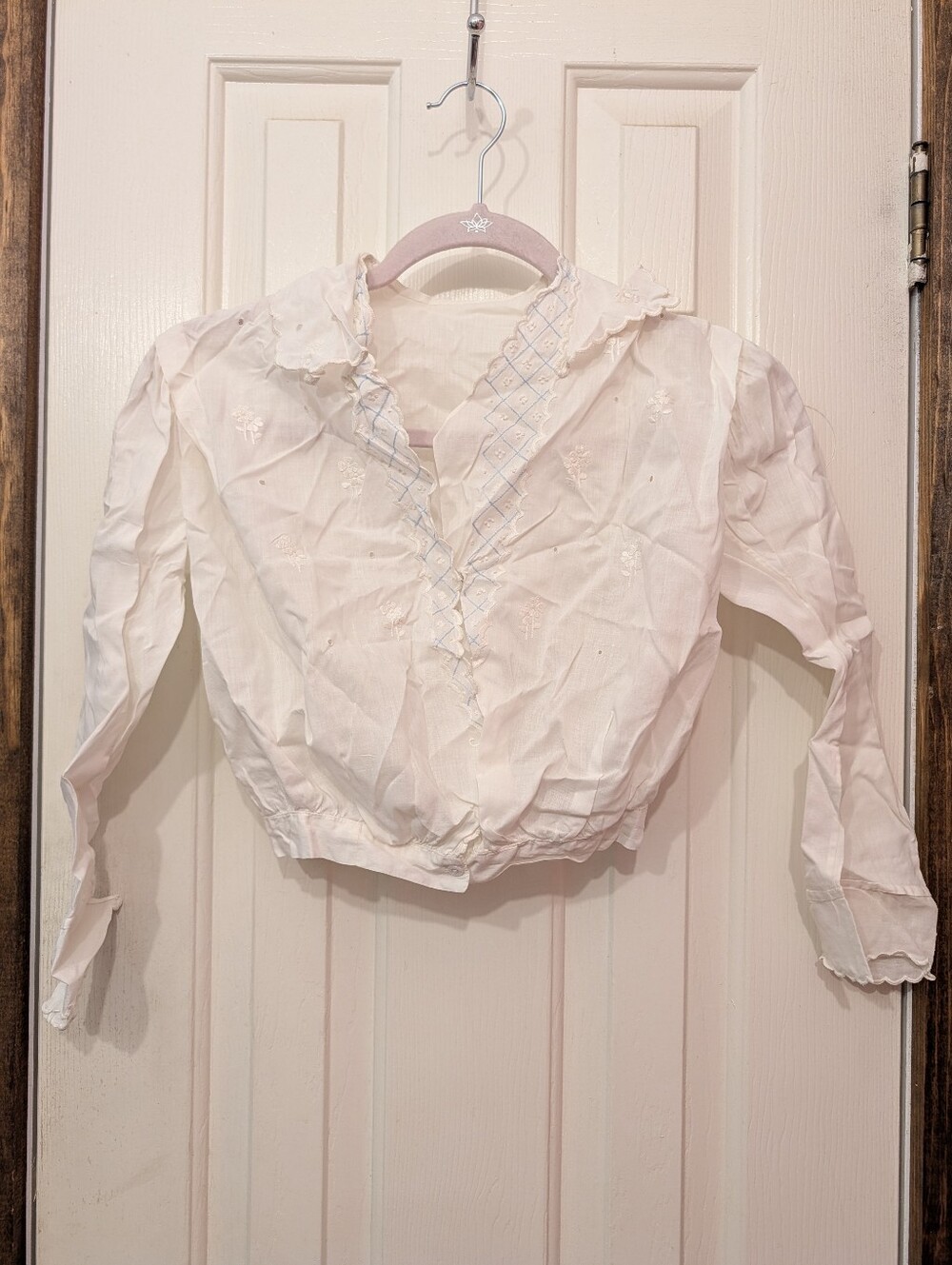 Antique Edwardian Blue Embroidery Crosshatch White Linen Cotton Blouse Womens XS